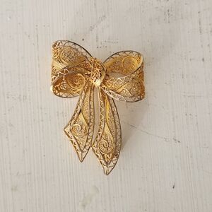 Vintage Gold Plated Filigree Bow Brooch 2"
